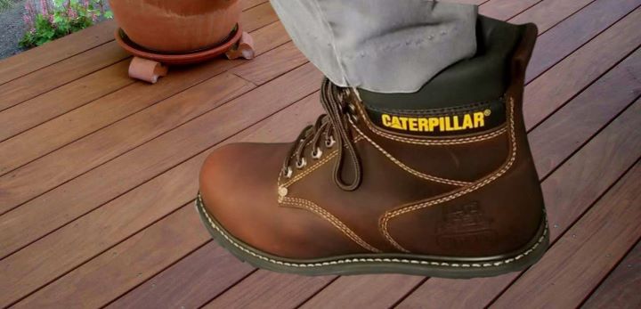 Wearing Caterpillar Second Shift Steel Toe Work Boot in dark brown color