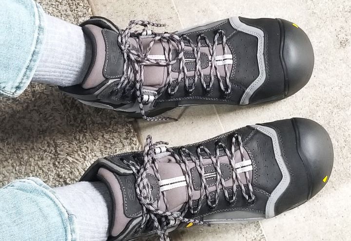 Wearing Davenport 6" Composite Toe Insulated Waterproof Work Boot from KEEN Utility