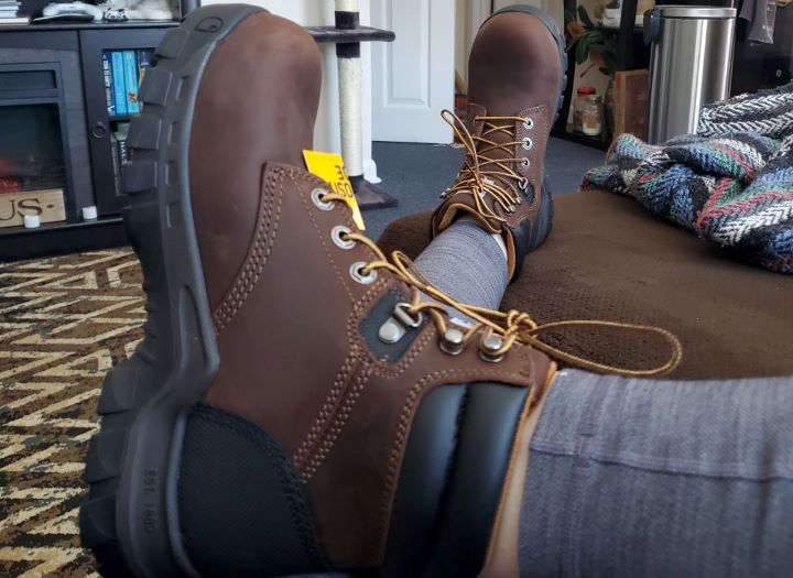 Having the brown leather work boots for sweaty feet from Carharrt