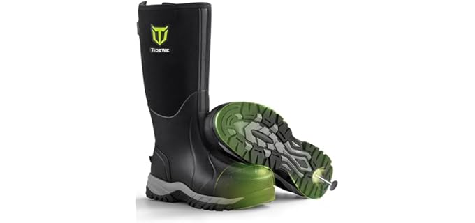 TIDEWE Rubber Work Boots with Puncture Resistant, Steel Toe & Shank, Size10 | 6mm Neoprene Winter Boots For Outdoor Use, Anti-Slip Tread Hunting Boots, Warm Waterproof Boots with Easy-Off Heel